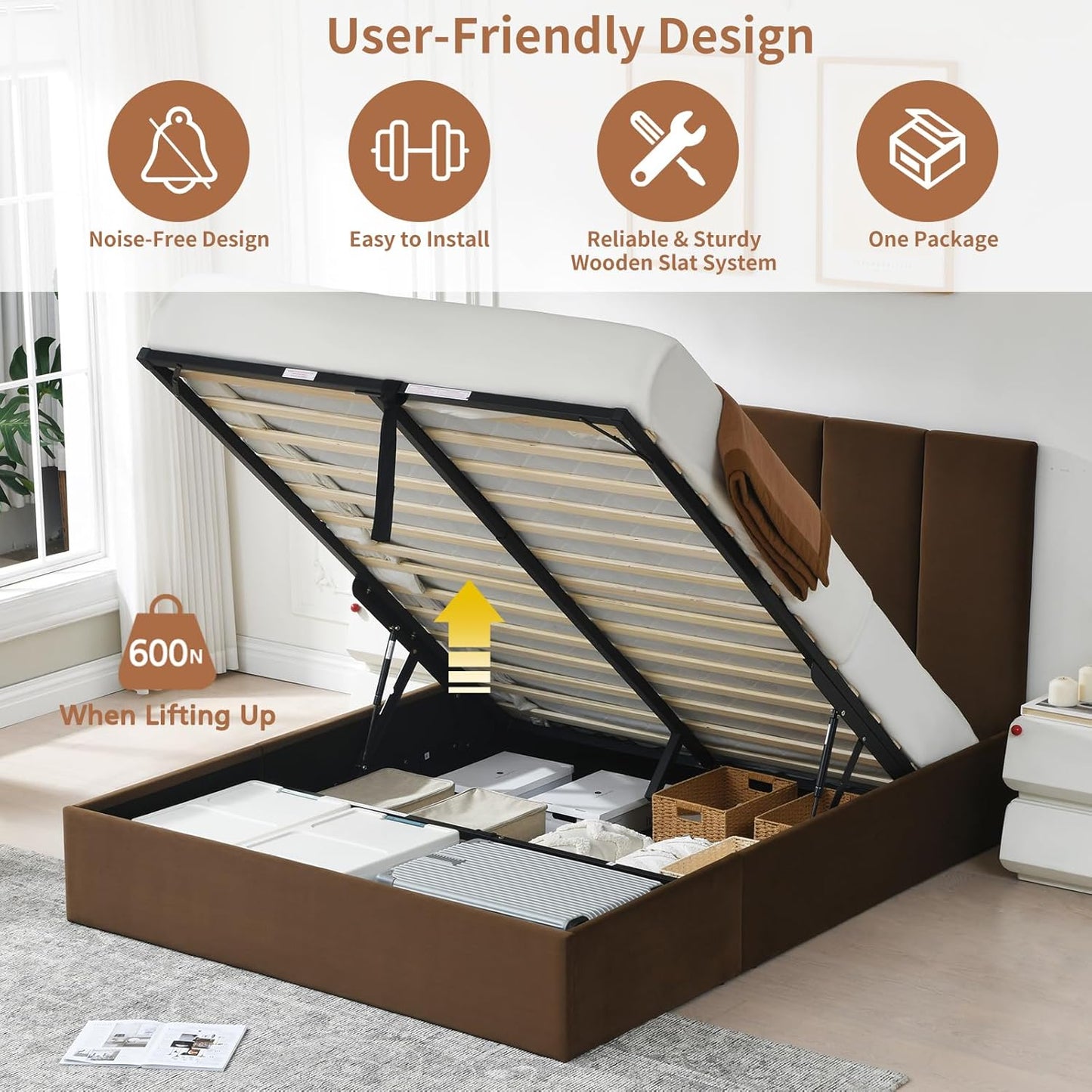 VELOCAVA Lift-Up Storage Bed, Modern Platform Bed with Vertical Panel Headboard, Hydraulic Gas Lift Storage, No Box Spring Needed, Easy Assembly, Velvet-Like Fabric, Brown