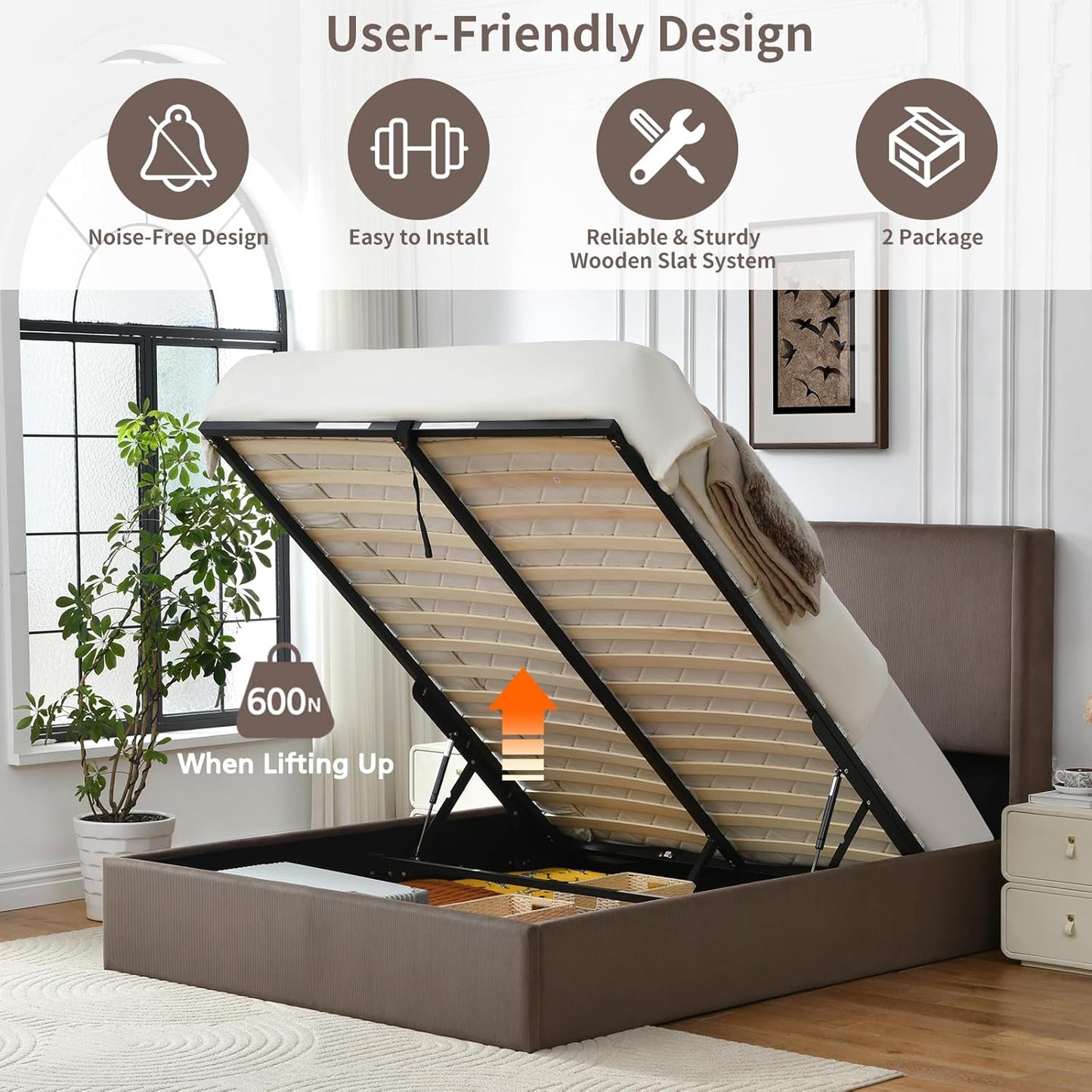 VELOCAVA Lift-Up Storage Bed, Modern Upholstered Corduroy Coffee Bed with Wingback Headboard, Hydraulic Lift Platform, Sturdy Wooden Slat Support, No Box Spring Needed, Easy Assembly