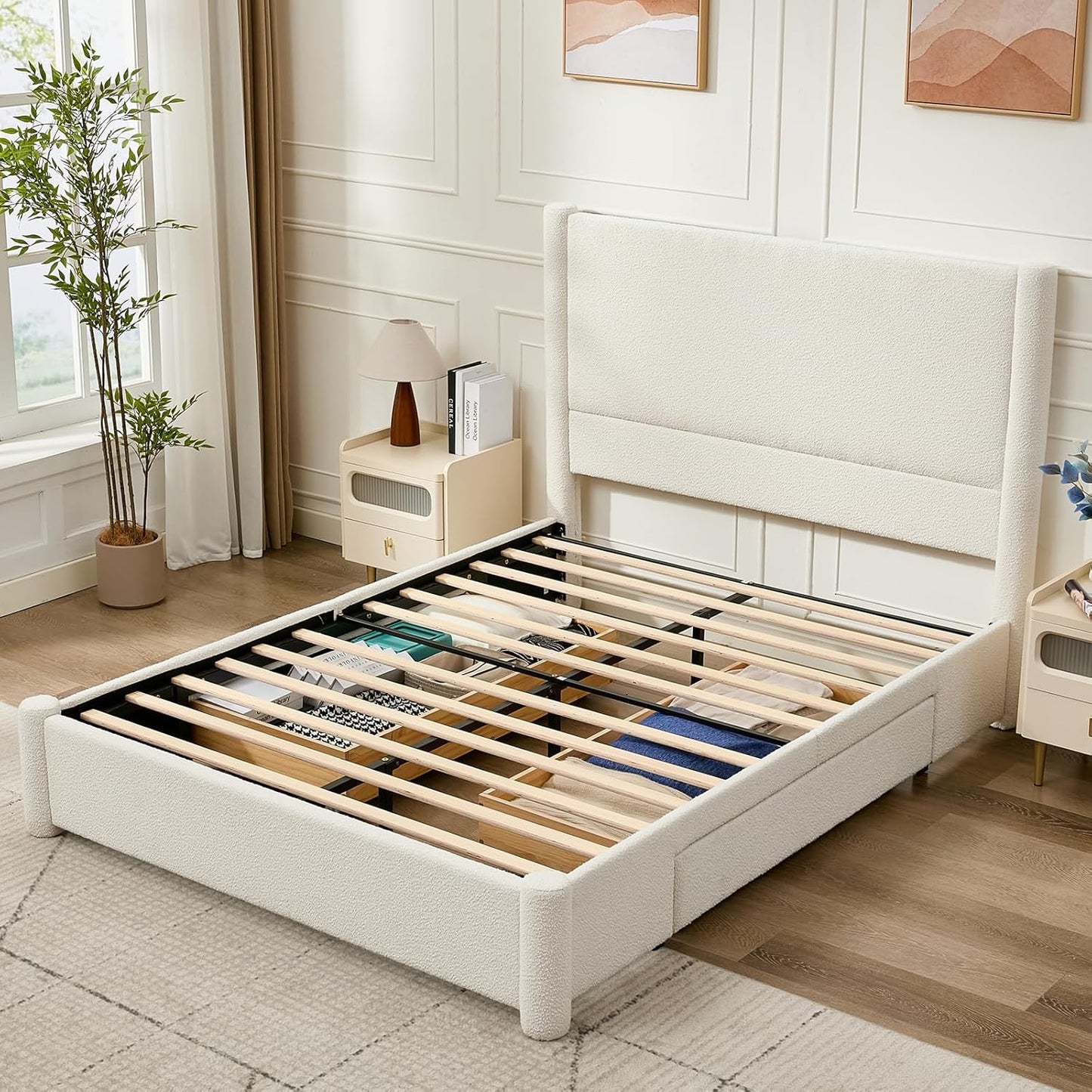 VELOCAVA Queen Size Upholstered Bed Frame with 51.77" Tall Headboard and Soft Rounded Corners, Side Storage Drawers, 12-Slat Support, No Box Spring Needed, Bouclé Texture, White