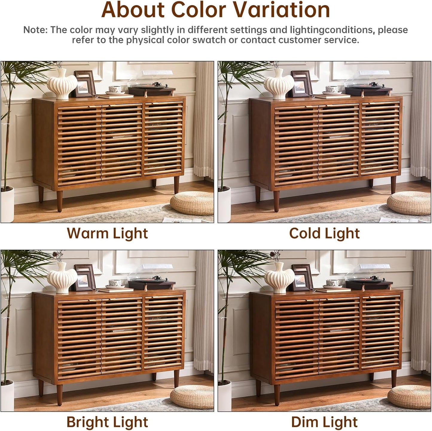 46" Mid-Century Modern Sideboard, Brown Storage Cabinet with Slatted Doors and Adjustable Shelves, 3-Door Buffet Cabinet for Dining Room, Entryway, or Living Room, Walnut Finish