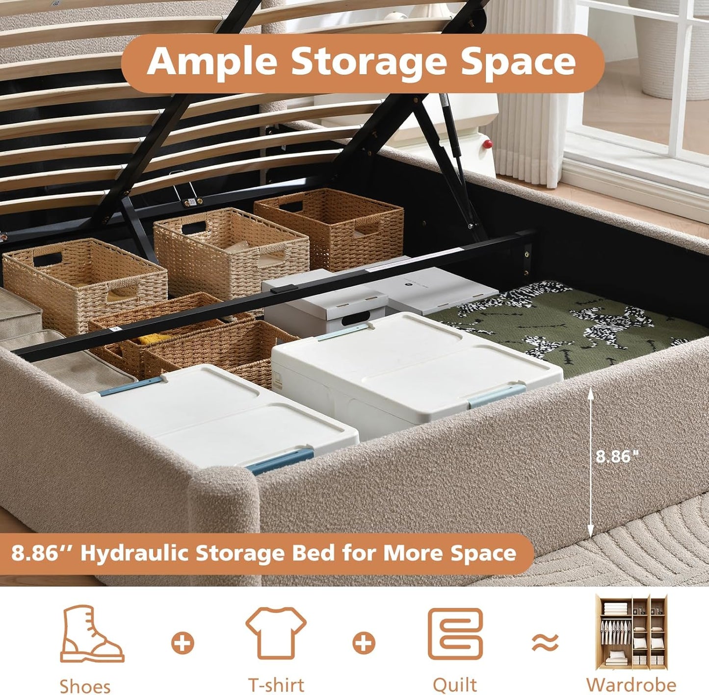 VELOCAVA Full Lift Up Storage Bed Frame, 44.88" Tall Upholstered Headboard, Soft Rounded Corner Design, Bouclé Texture Platform Bed with Hydraulic Storage, No Box Spring Needed, Soft Beige