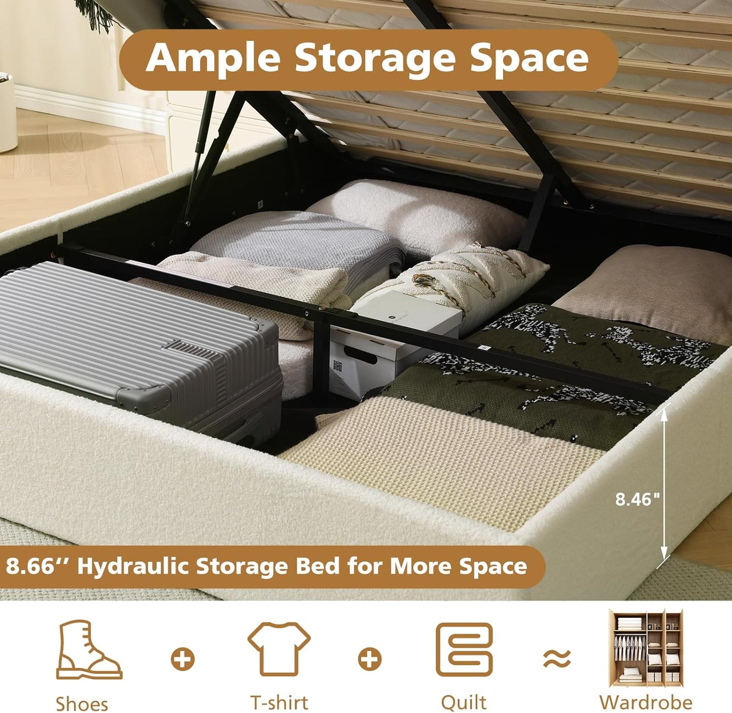 VELOCAVA Lift-Up Storage Bed, Modern Upholstered Boucle Bed with Curved Headboard, Gas Lift Platform, Sturdy Wooden Slat Support, No Box Spring Needed, Easy Assembly, Cream White