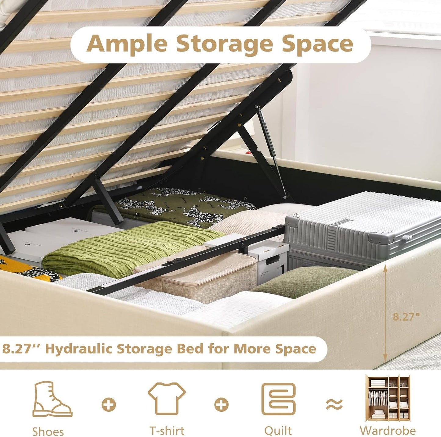 VELOCAVA Lift Up Storage Bed, Soft Upholstered Beds with Hydraulic Mechanism, Modern Wingback Headboard with Vertical Channel Design, Wooden Slat Support, Easy Assembly, Beige