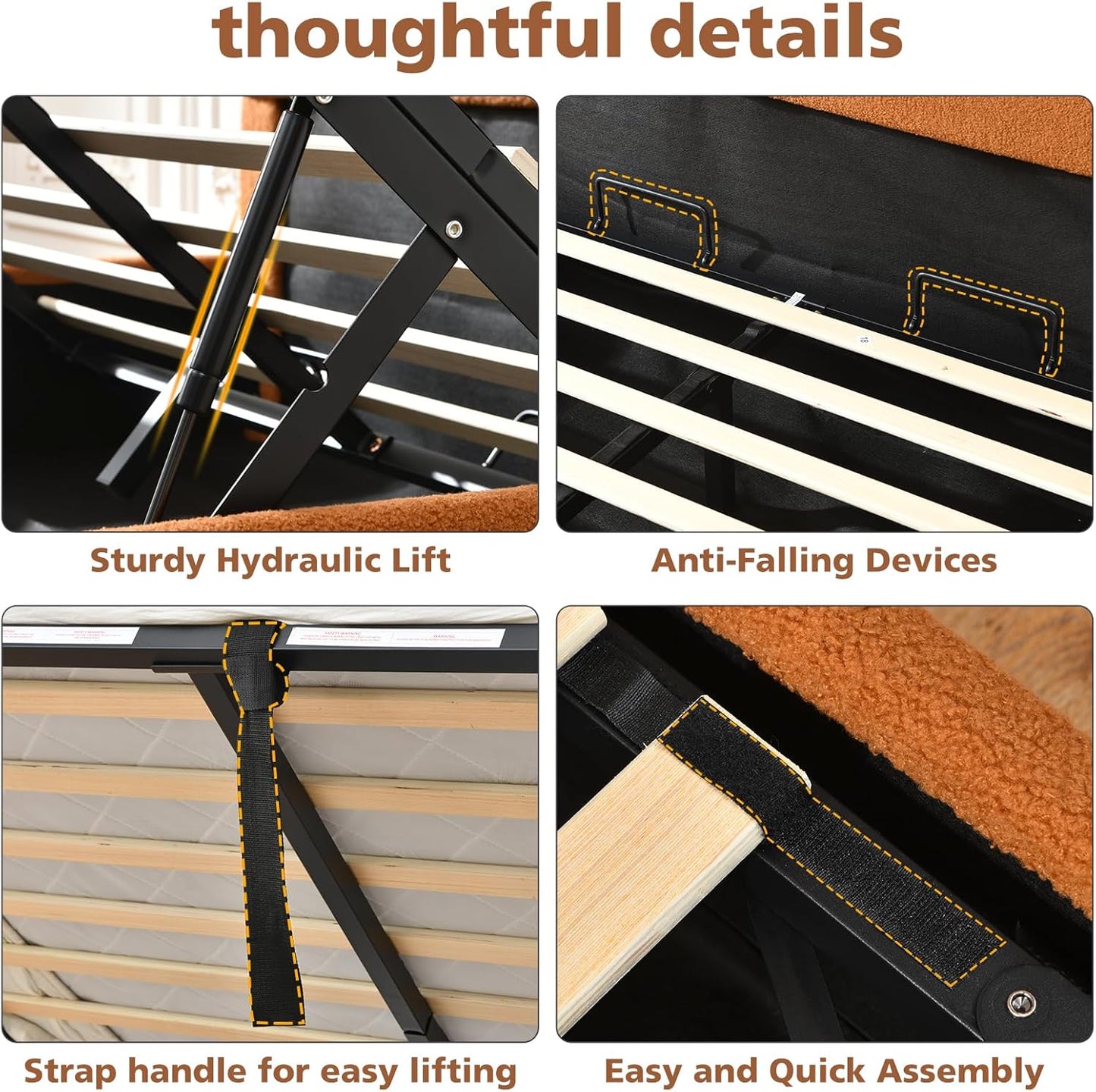VELOCAVA Lift-Up Storage Bed, Modern Upholstered Boucle Bed with Curved Headboard, Gas Lift Platform, Sturdy Wooden Slat Support, No Box Spring Needed, Easy Assembly, Rust Brown