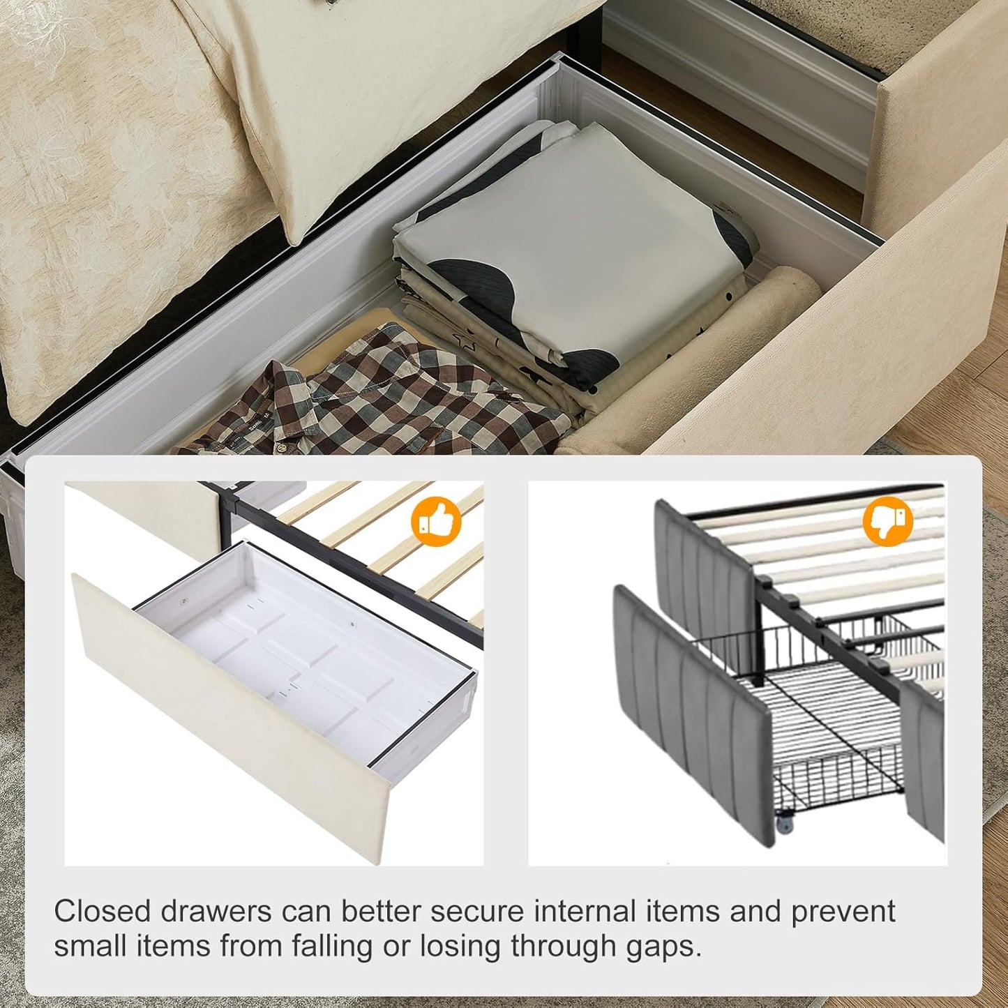 VELOCAVA Upholstered Storage Bed Frame with 4 Drawers, Modern Linen Platform Bed with Vertical Channel Headboard, Sturdy Wood Slats, Under Bed Storage, No Box Spring Needed, Orange
