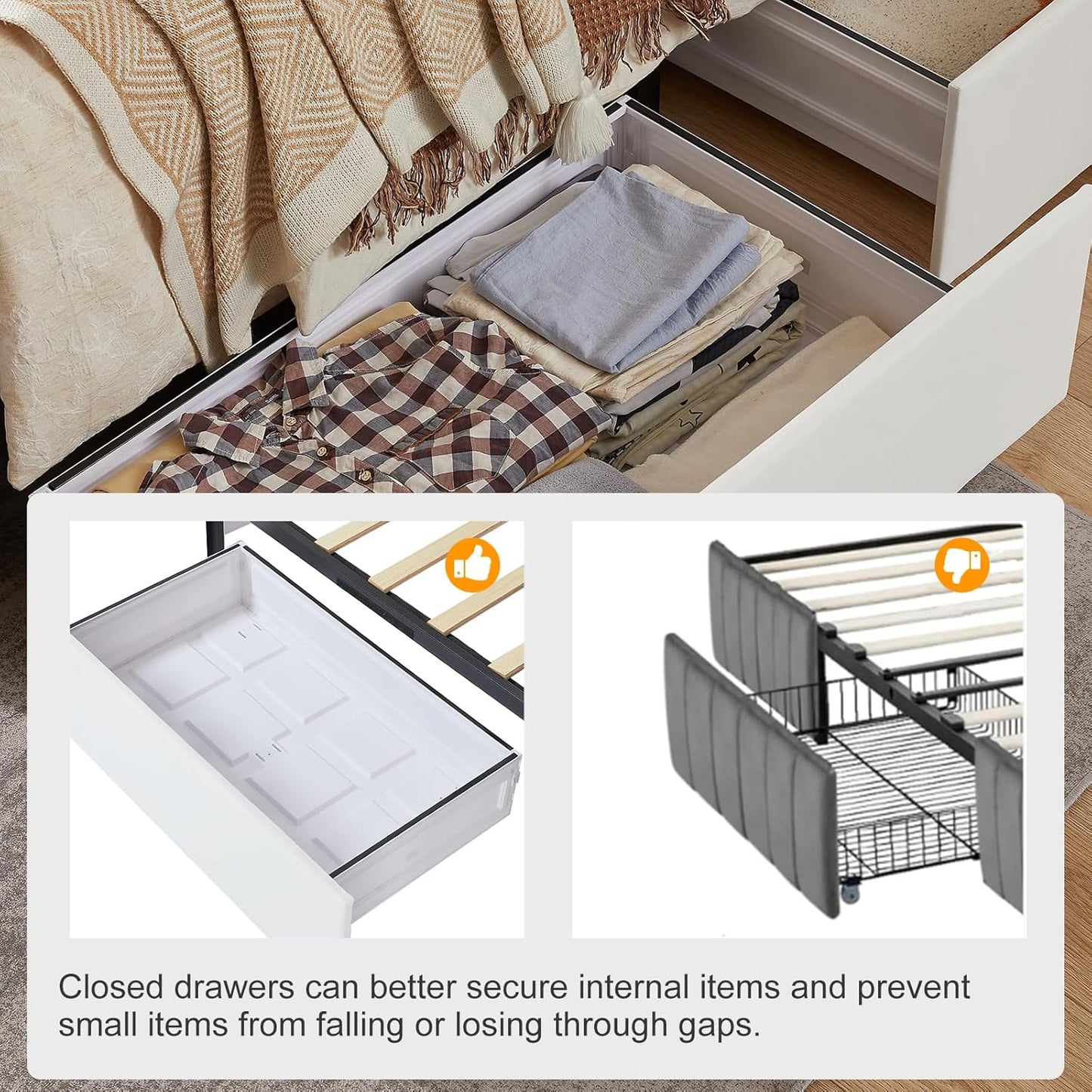 VELOCAVA Upholstered Bed with 4 Storage Drawers, Modern Linen Platform Bed Frame with Vertical Channel Headboard, Sturdy Wood Slats, Space-Saving Design, No Box Spring Needed, White