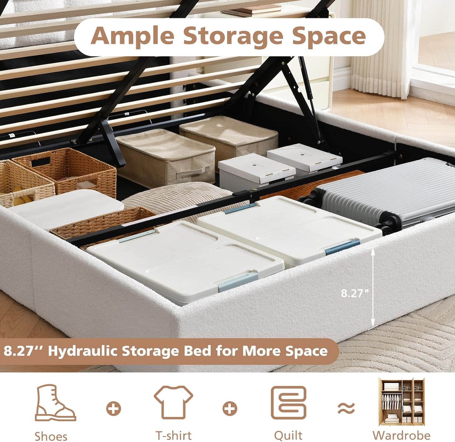 VELOCAVA Lift-Up Storage Bed, Upholstered Platform Bed with Soft Tufted Headboard, Bouclé-Textured Fabric, No Box Spring Needed, Cream White
