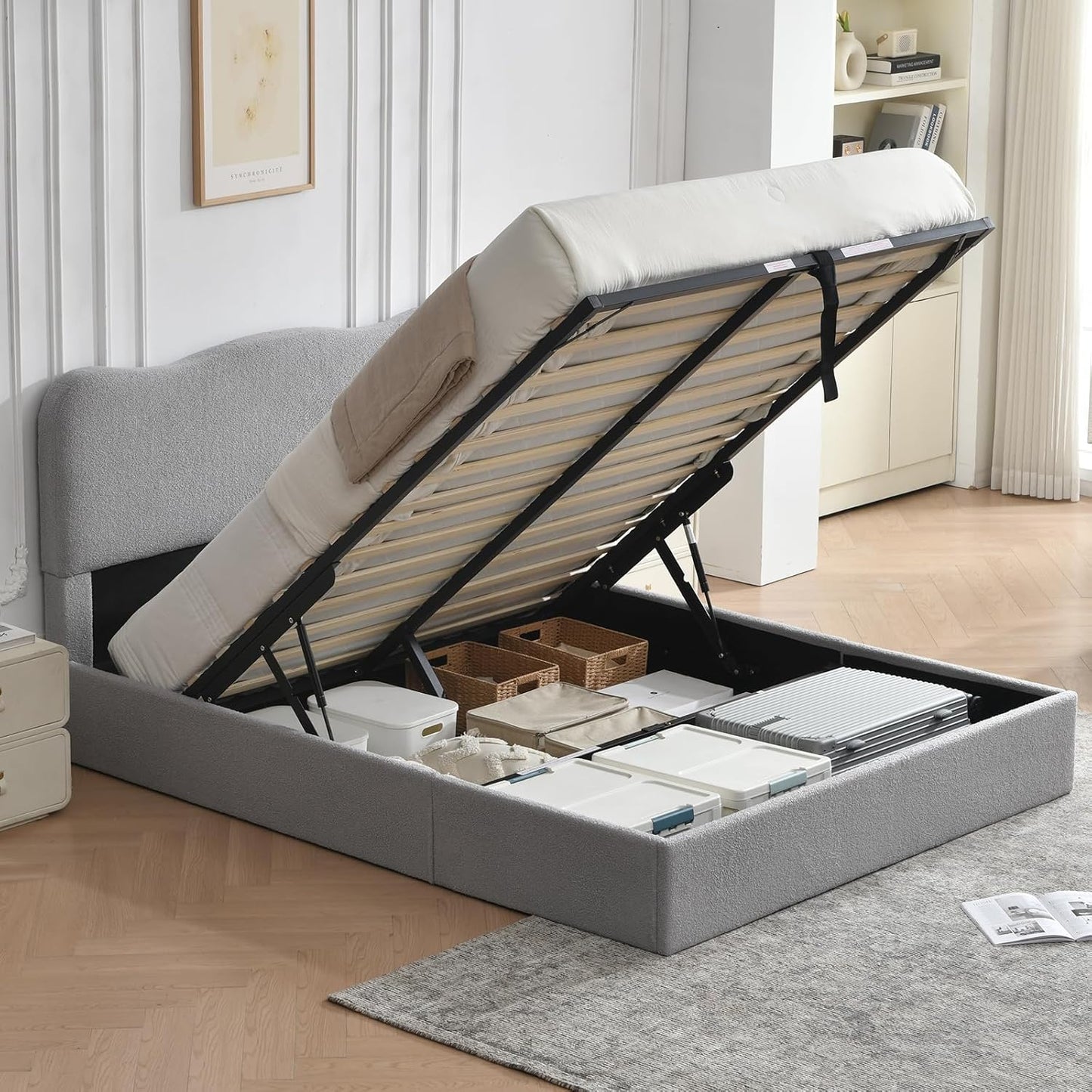 VELOCAVA Lift-Up Storage Bed, Modern Upholstered Boucle Bed with Curved Headboard, Gas Lift Platform, Sturdy Wooden Slat Support, No Box Spring Needed, Easy Assembly, Light Gray