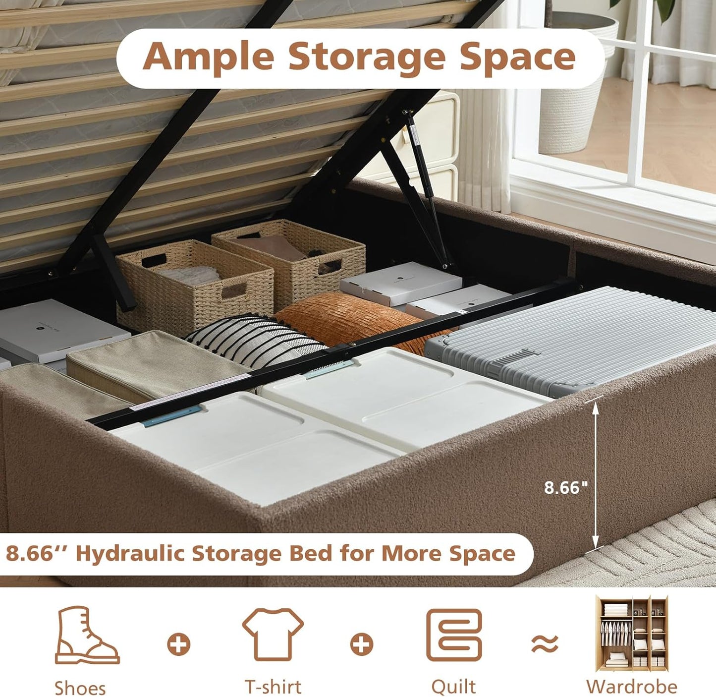VELOCAVA Lift-Up Storage Bed Frame, Boucle Upholstered Platform Bed with Vertical Channel Headboard, Hydraulic Storage, Sturdy Wooden Slat Support, No Box Spring Needed, Brown