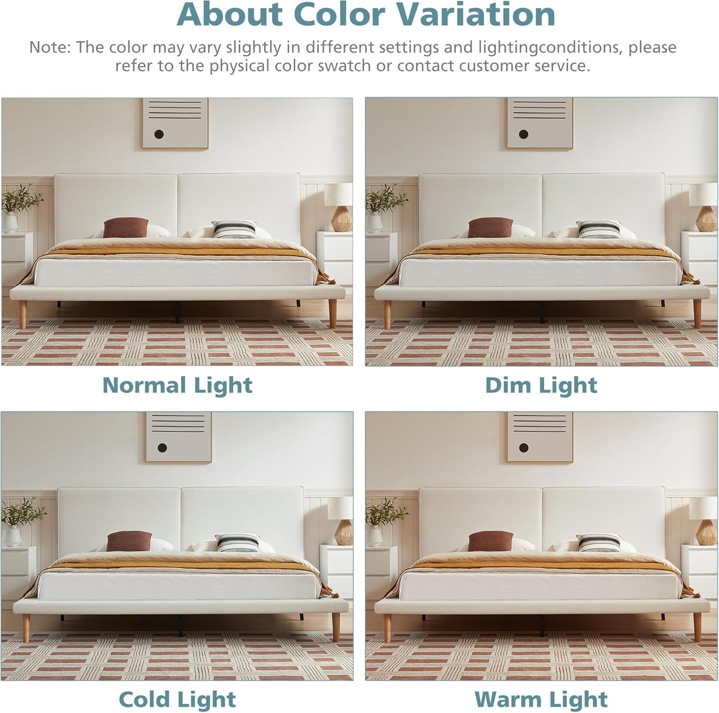 VELOCAVA Platform Bed Frame with 5.9" Wide Side Rails, Beige Upholstered Bed with Headboard, Low Profile Scandinavian Style, 7.9" Underbed Storage, No Box Spring Needed