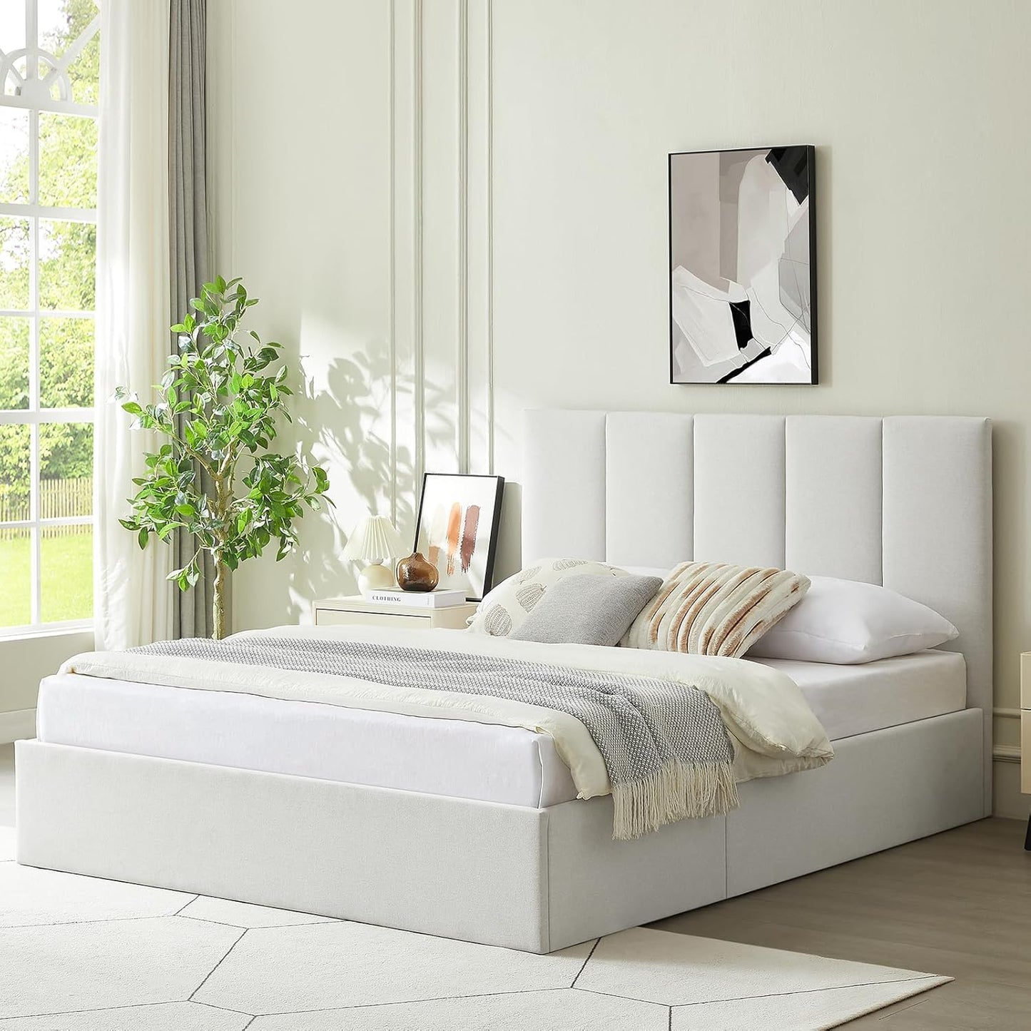 VELOCAVA Hydraulic Lift Storage Bed Frame, Light Gray Linen-Look Upholstered Platform Bed with Vertical Panel Headboard, Hidden Under-Bed Storage, No Box Spring Needed