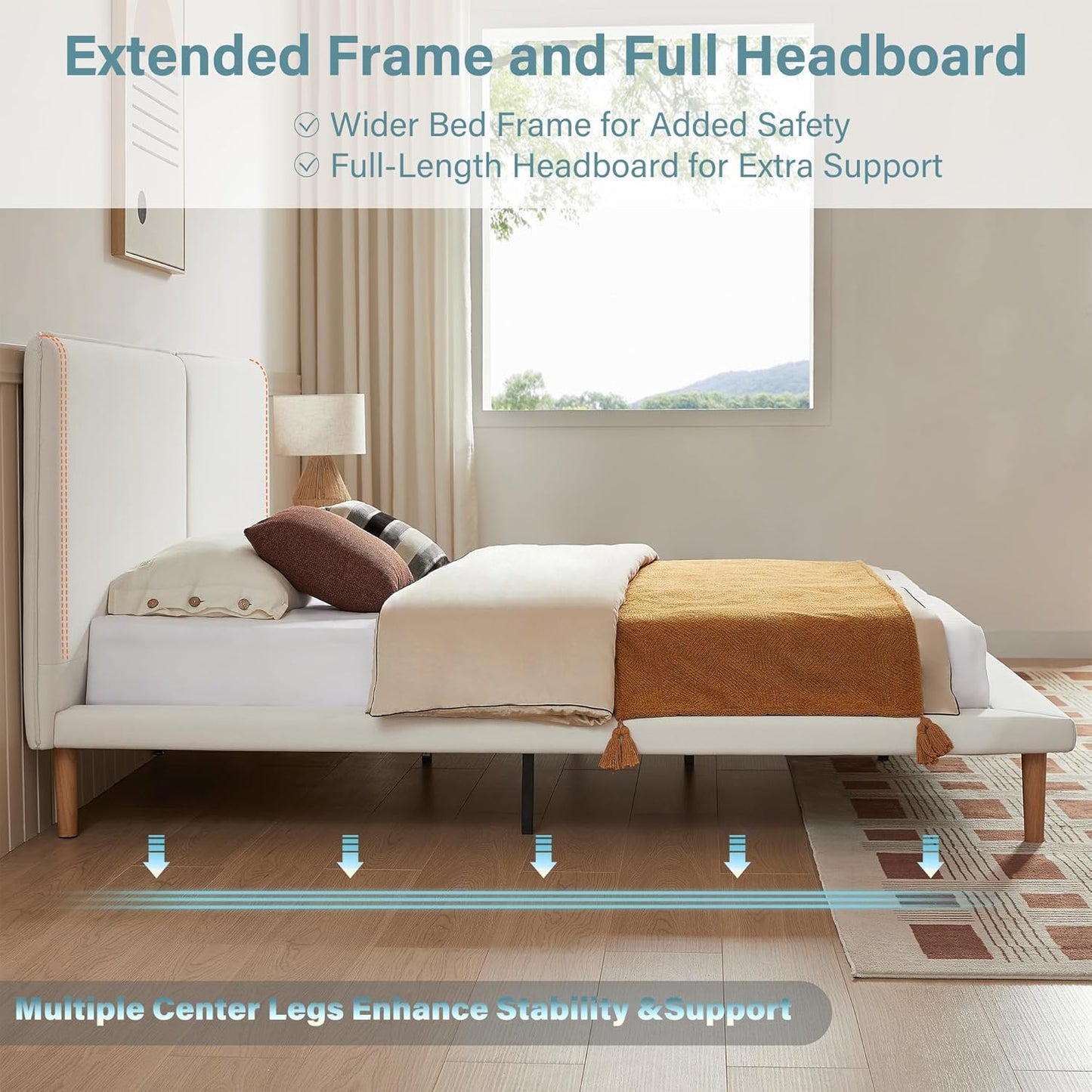 VELOCAVA Platform Bed Frame with 5.9" Wide Side Rails, Beige Upholstered Bed with Headboard, Low Profile Scandinavian Style, 7.9" Underbed Storage, No Box Spring Needed