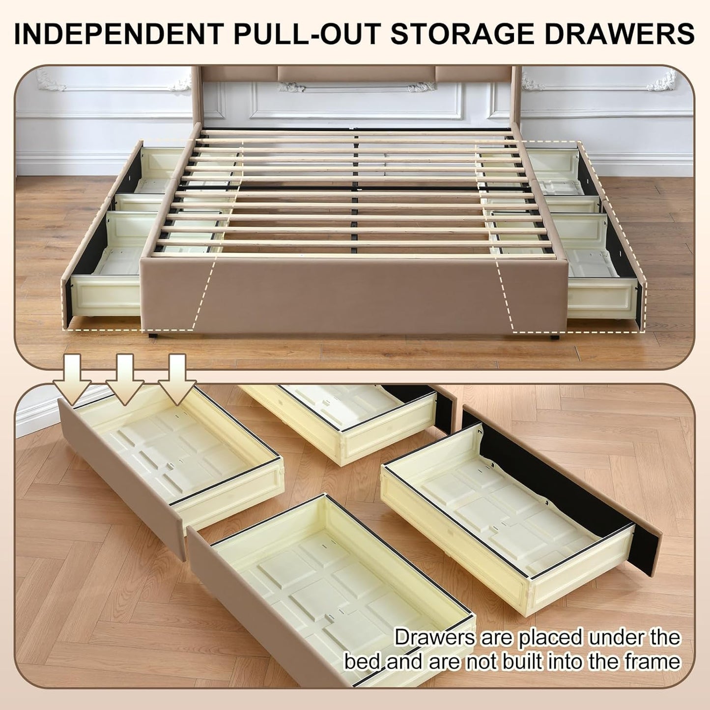 VELOCAVA Upholstered Bed Frame with 4 Storage Drawers, Modern Velvet-Like Platform Bed with Wingback Headboard, Sturdy Wood Slats,No Box Spring Needed, Brown