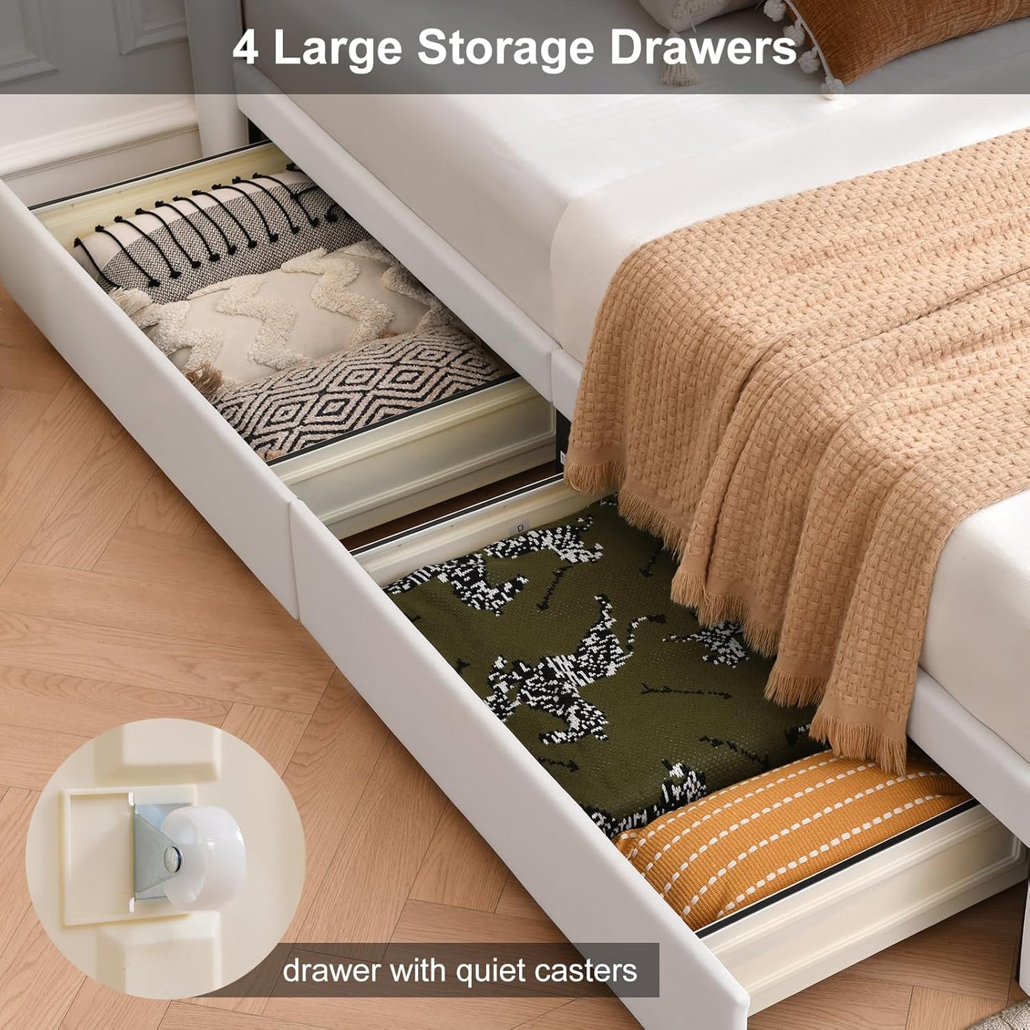 VELOCAVA Full Size Upholstered Bed Frame with 4 Storage Drawers, Modern Velvet-Like Platform Bed with Wingback Headboard, Sturdy Wood Slats,No Box Spring Needed, White