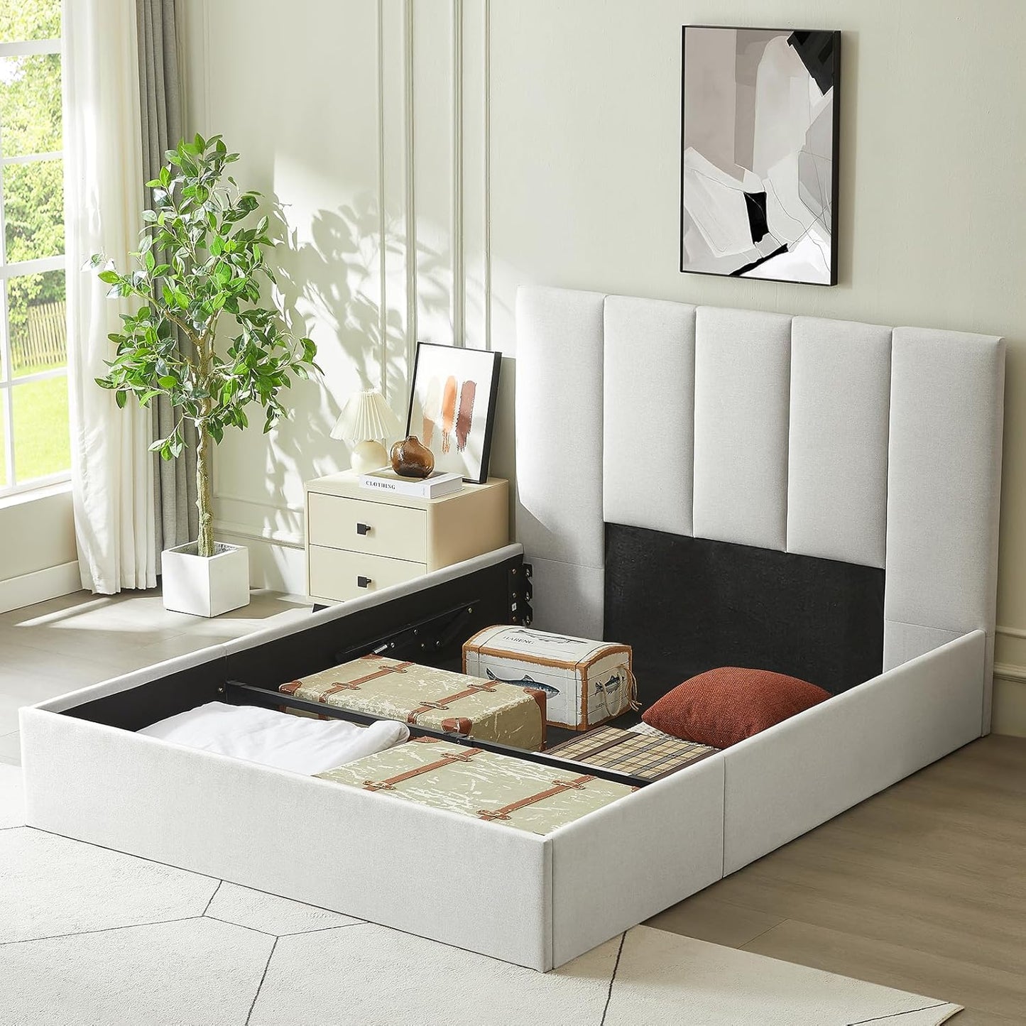 VELOCAVA Hydraulic Lift Storage Bed Frame, Light Gray Linen-Look Upholstered Platform Bed with Vertical Panel Headboard, Hidden Under-Bed Storage, No Box Spring Needed