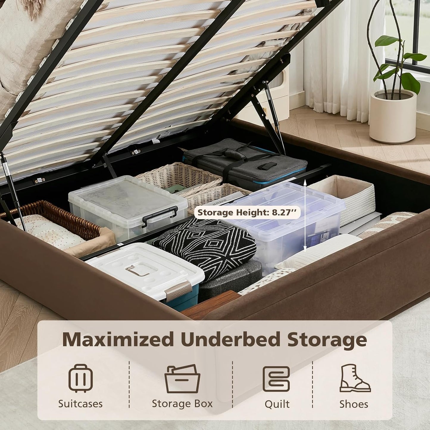 VELOCAVA Lift Up Storage Bed, Velvet-Look Upholstered Platform Bed Frame with 57" Tall Headboard, Linear Design, Hydraulic Storage, No Box Spring Needed, Coffee Brown