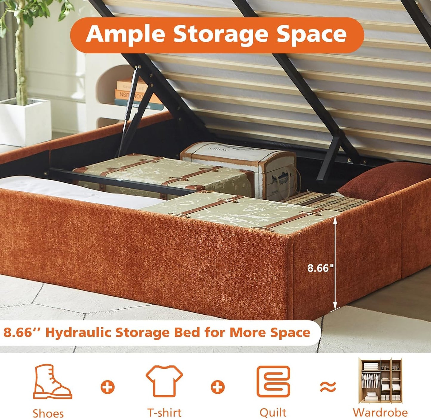 VELOCAVA Queen Size Lift-Up Hydraulic Storage Bed, Orange Linen-Look Upholstered Platform Bed with Vertical Channel Headboard, Wooden Slat Support, No Box Spring Needed