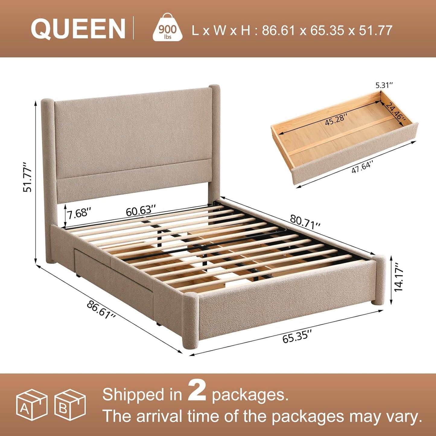 VELOCAVA Upholstered Bed Frame with 51.77" Tall Headboard and Soft Rounded Corners, Side Storage Drawers, 12-Slat Support, No Box Spring Needed, Bouclé Texture, Beige