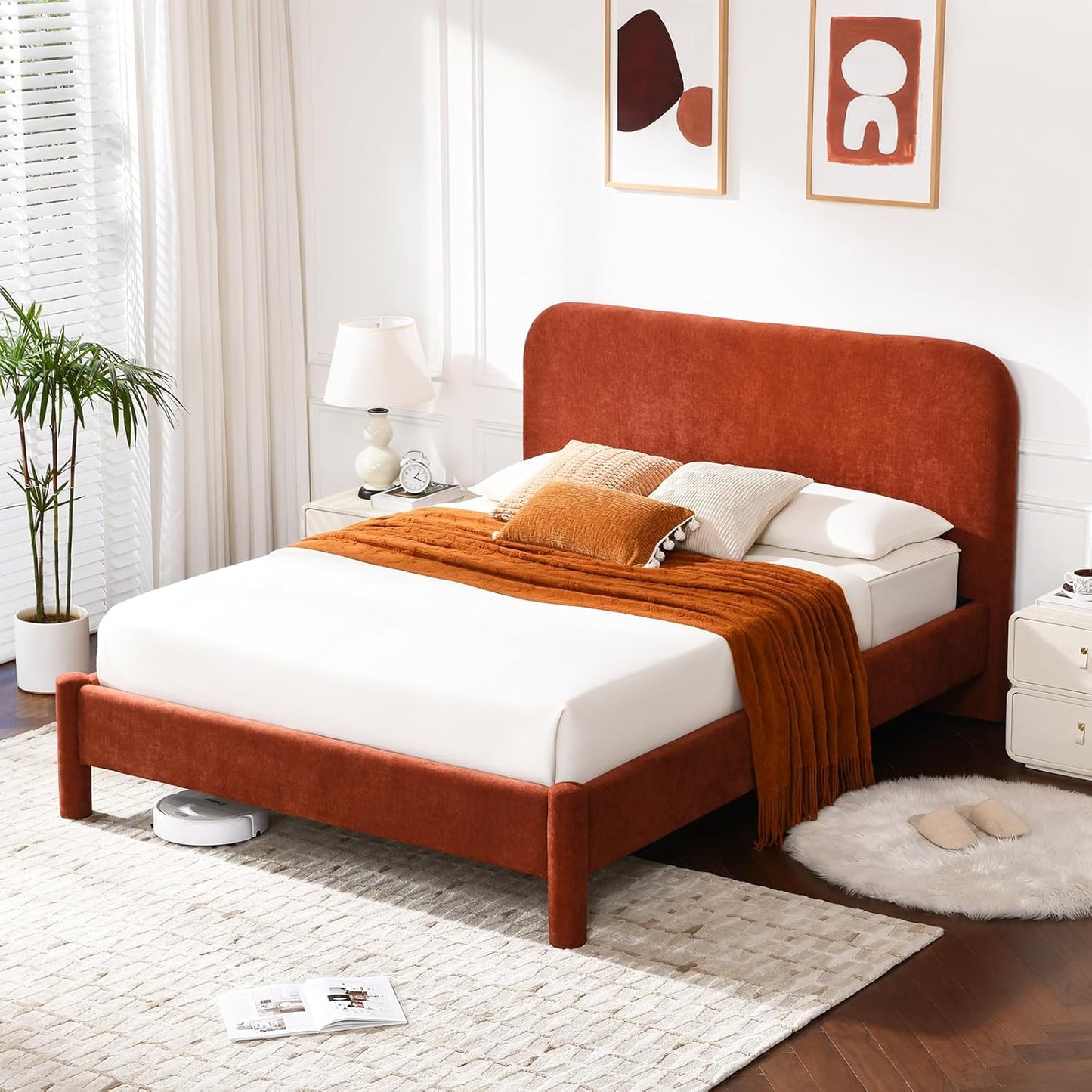 VELOCAVA Upholstered Platform Bed Frame with Curved Headboard and Cylindrical Legs, Rounded Corners Design, Sturdy 30-Slat Support, Easy Assembly, Linen-Blend Fabric, Burnt Terracotta