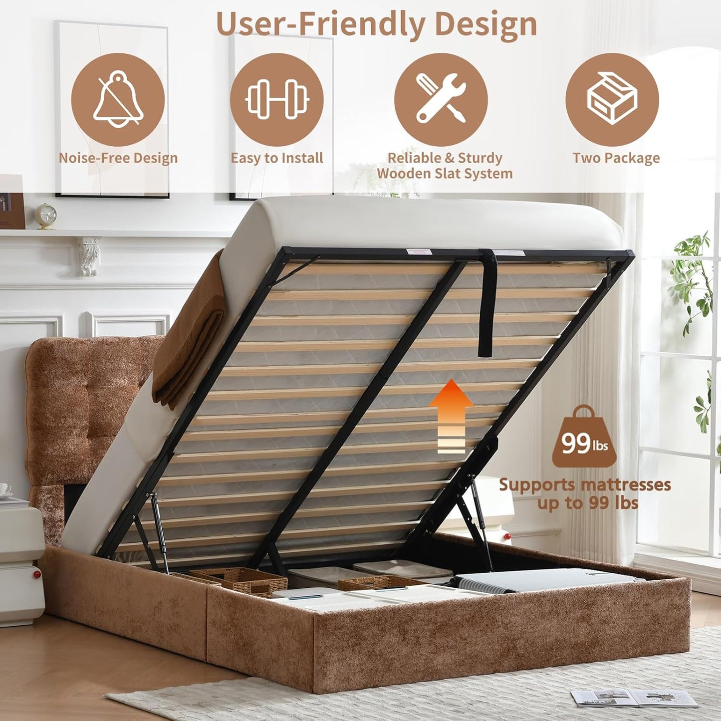 VELOCAVA Lift-Up Storage Bed, Upholstered Platform Bed with Soft Tufted Headboard, Plush Velvet Fabric, No Box Spring Needed, Camel Brown