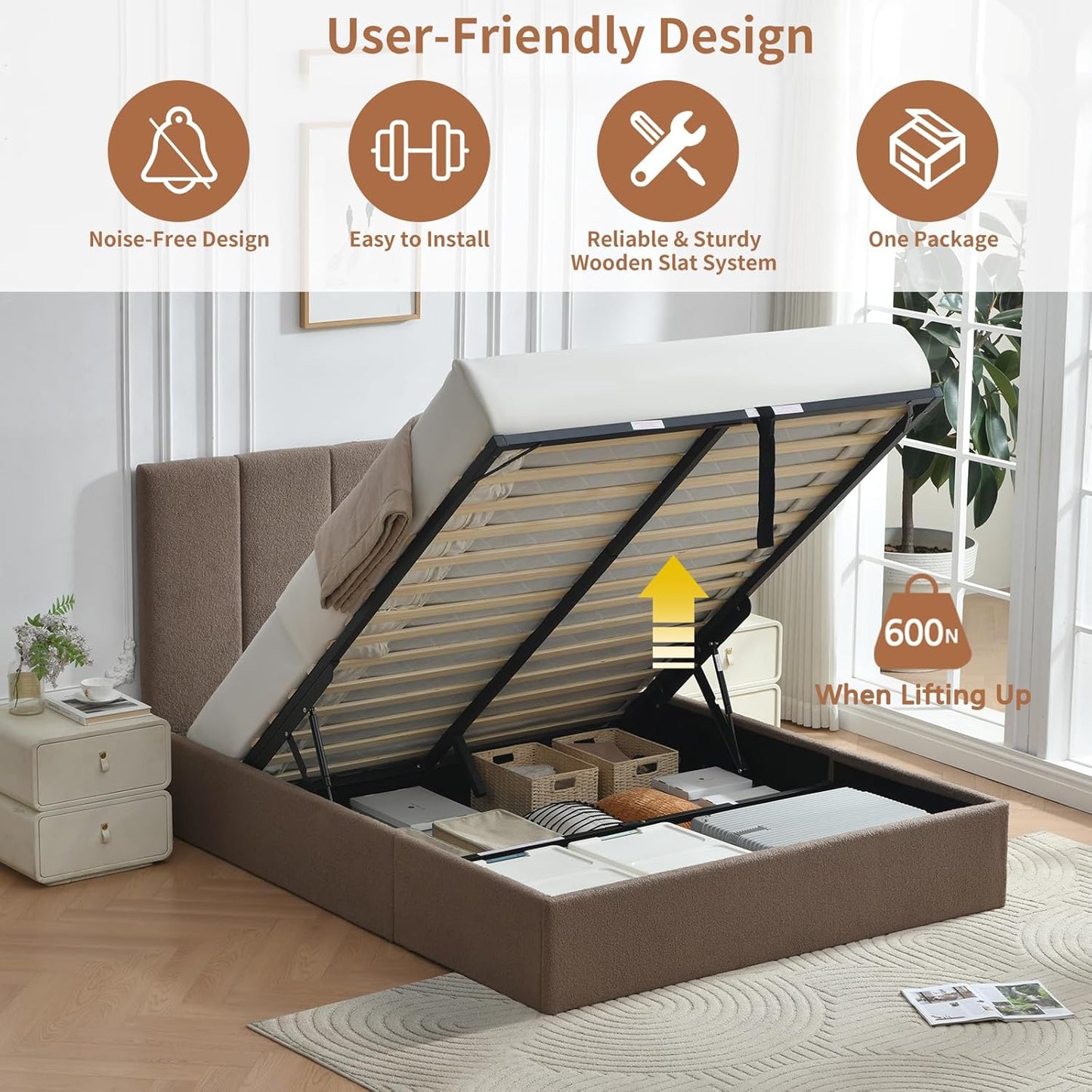 VELOCAVA Lift-Up Storage Bed Frame, Boucle Upholstered Platform Bed with Vertical Channel Headboard, Hydraulic Storage, Sturdy Wooden Slat Support, No Box Spring Needed, Brown