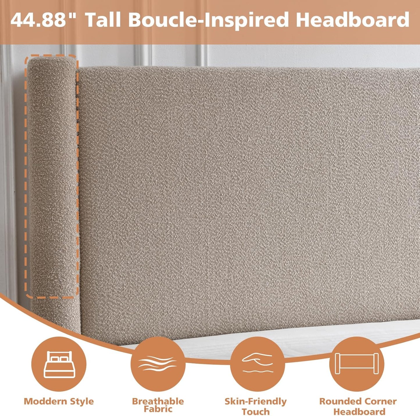 VELOCAVA Full Lift Up Storage Bed Frame, 44.88" Tall Upholstered Headboard, Soft Rounded Corner Design, Bouclé Texture Platform Bed with Hydraulic Storage, No Box Spring Needed, Soft Beige