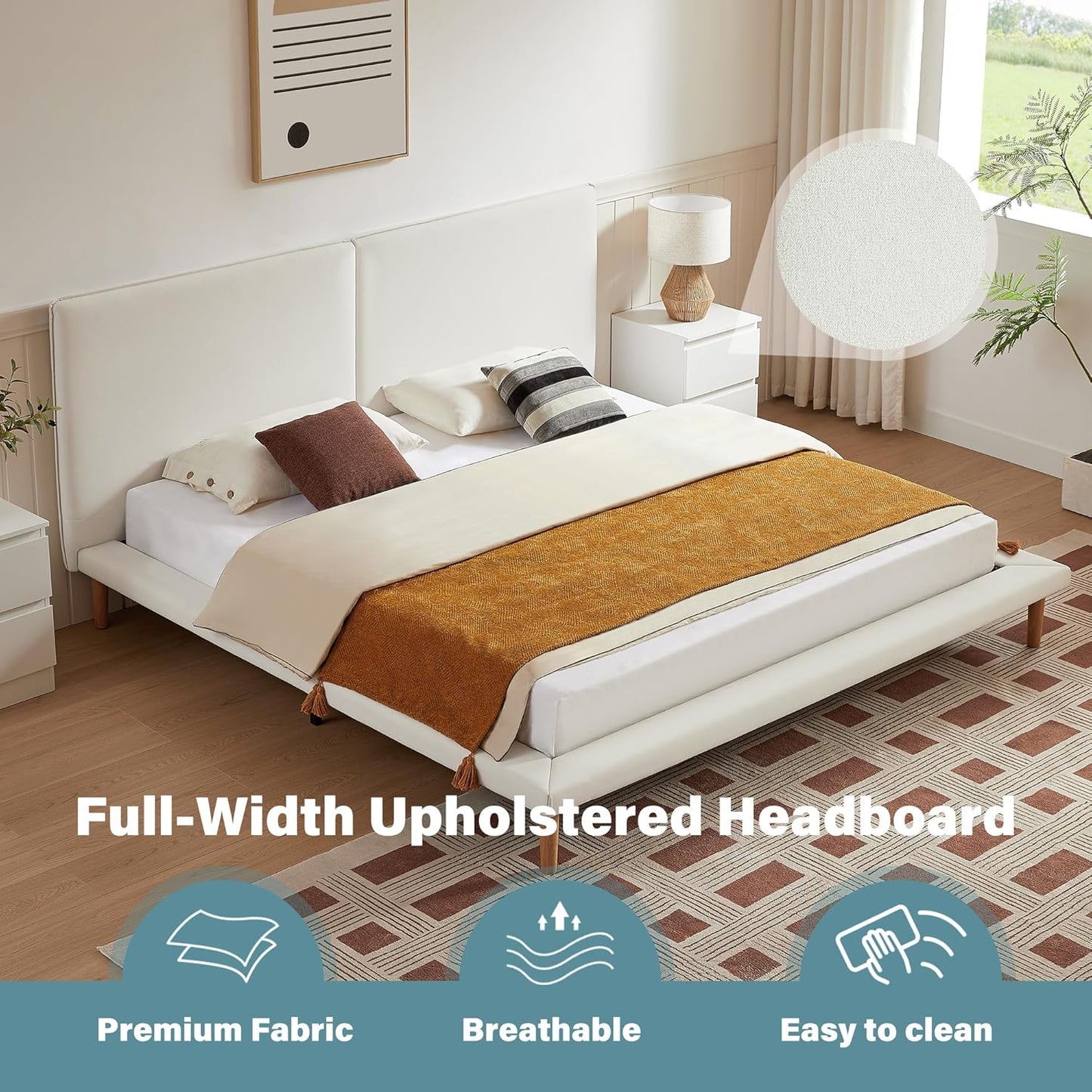 VELOCAVA Platform Bed Frame with 5.9" Wide Side Rails, Beige Upholstered Bed with Headboard, Low Profile Scandinavian Style, 7.9" Underbed Storage, No Box Spring Needed